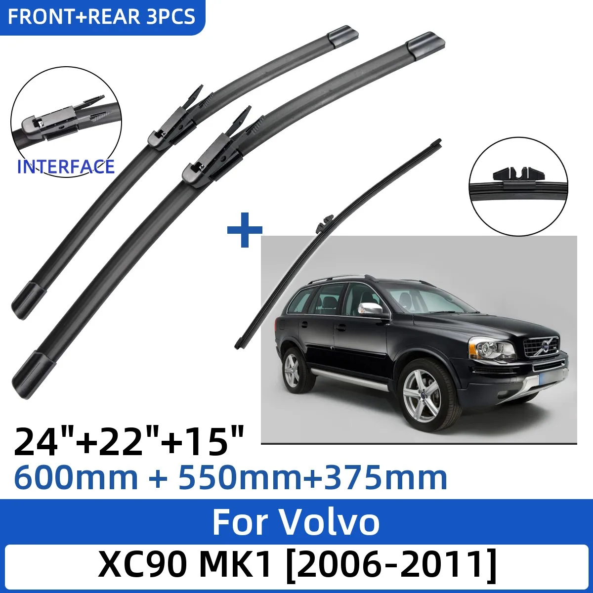 3PCS For Volvo XC90 MK1 2006-2011 24"+22"+15" Front Rear Wiper Blades Windshield Windscreen Window Cutter Accessories 2010 2011
3PCS For Volvo XC90 MK1 2006-2011 24"+22"+15" Front Rear Wiper Blades Windshield Windscreen Window Cutter Accessories 2010 2011