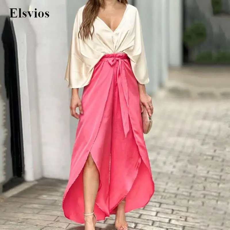 

Elegant Batwing Sleeve Shirt Outfits Sexy V Neck Blouse Tops And Bowknot Slit Long Skirt Suits Women Casual Office Two Piece Set