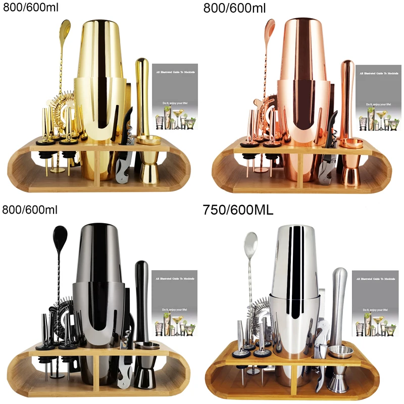 

Gold Boston Cocktail Shaker bar 1-12Pcs 800/600ml Shakers Set Bartenders Barware Tools Wine Pourer Accessories With Bamboo Stand