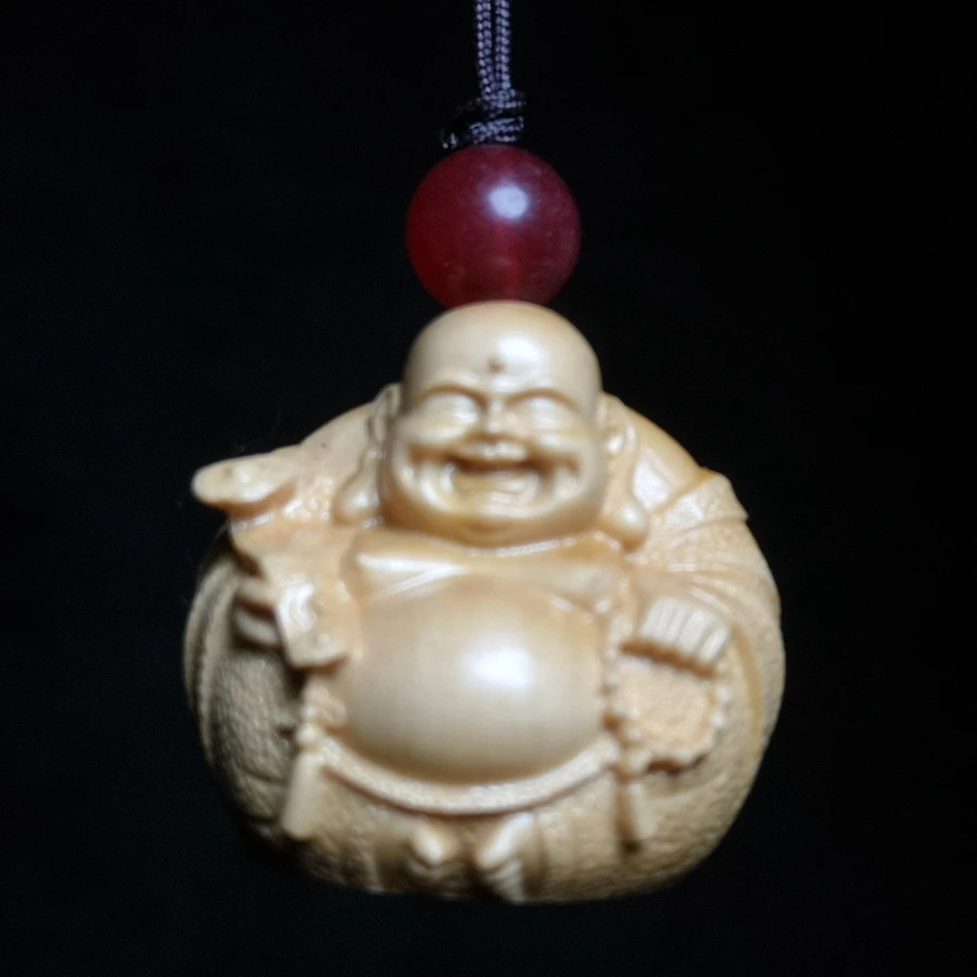 

YIZHU CULTUER ART Chinese boxwood Hand carved Happy Ruyi Maitreya Buddha Statue Amulet Haversack necklace netsuke decorated Gift