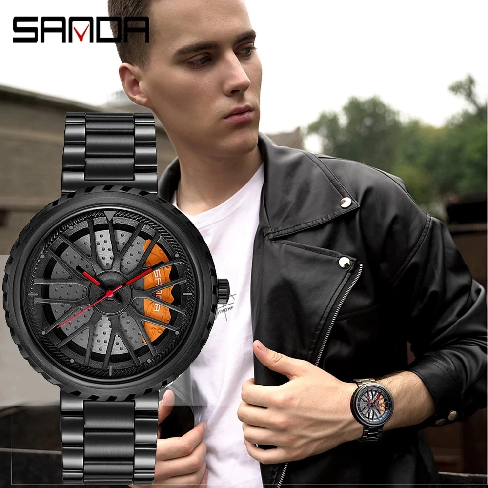 

SANDA 2023 Hot Sell Quartz Men Watch Fashion Cool Wheel Dial Car Watches Steel Strap Live Waterproof Gift Relogio Masculino 1042