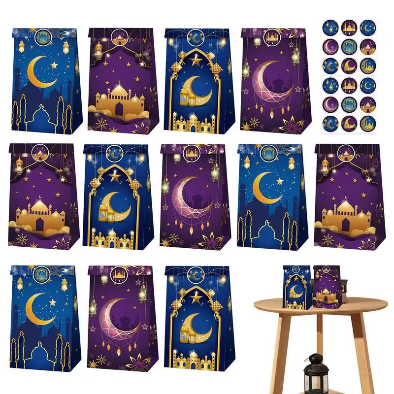 

12Pcs Eid Mubaraks Candy Box Favor Ramadans Gift Bag With Stickers Kraft Paper Packing Box Islamic Festival Eid Supplies