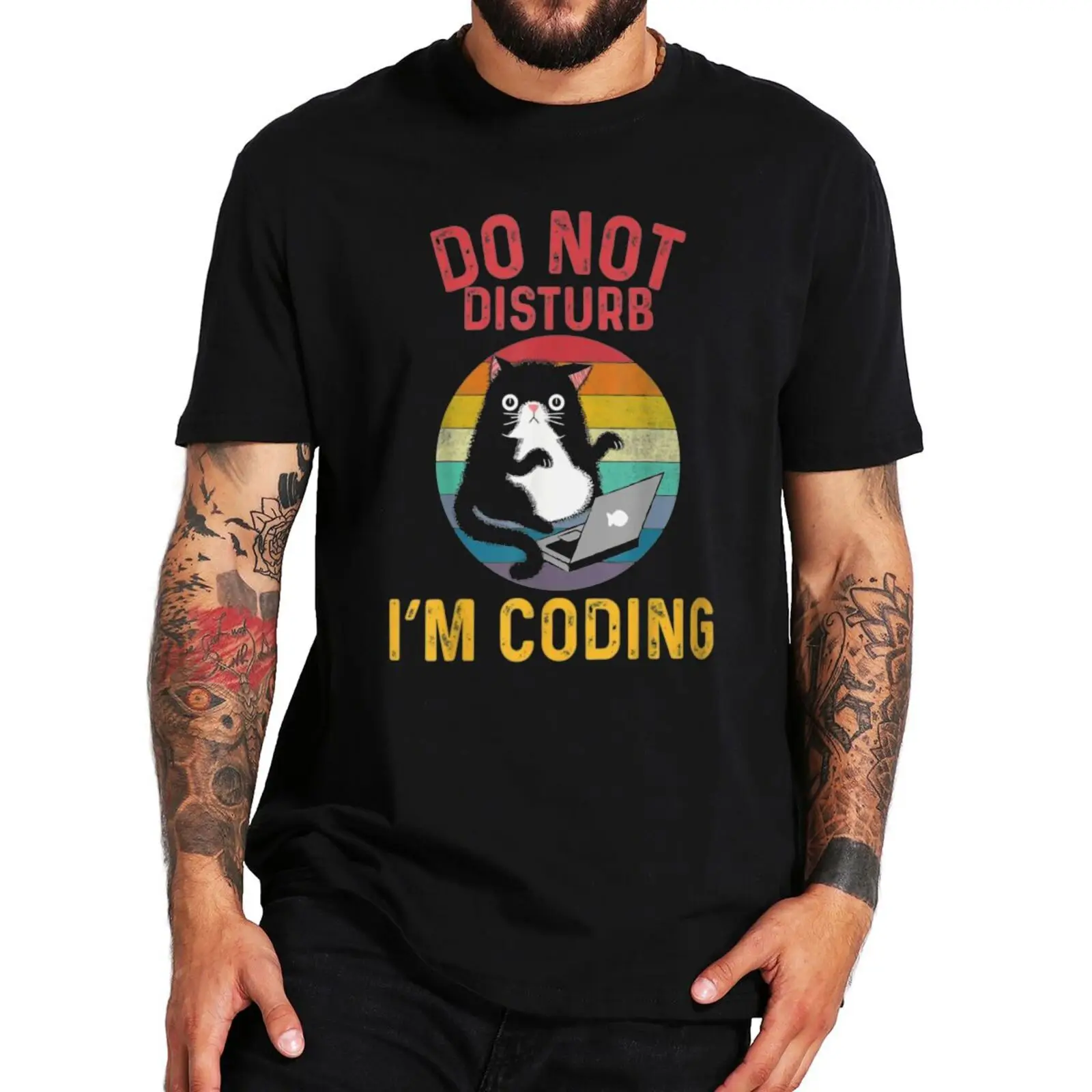 

Retro Don Not Disturb I'm Coding T Shirt Funny Cute Cat Geek Gift Men Clothing EU Size Cotton Breathable Unisex Summer T-shirt