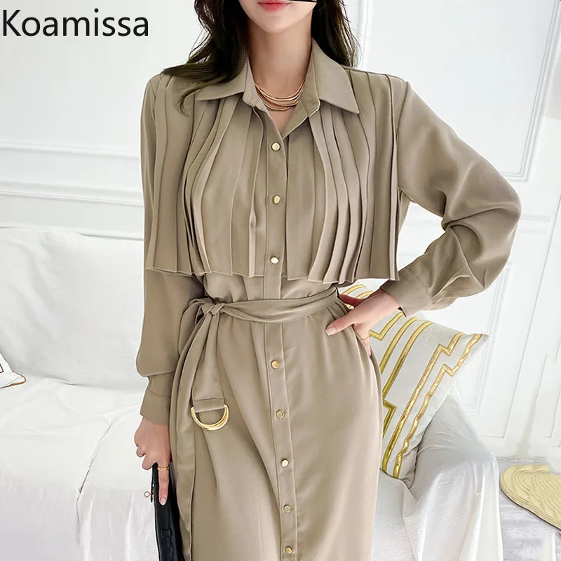 Koamissa Korean Women Ruched Long Dress Elegant Turn-down Collar Single-breasted Office Party Dress Belted Lady Long Sleeve Robe
Koamissa Korean Women Ruched Long Dress Elegant Turn-down Collar Single-breasted Office Party Dress Belted Lady Long Sleeve Robe
