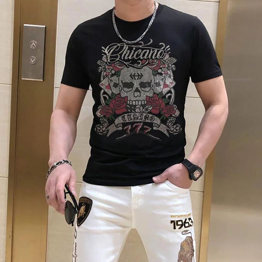Designer Flower and skull cool 100% cotton short sleeve summer Rhinestones men T shirt casual summer men t-shirt drop shipping
Designer Flower and skull cool 100% cotton short sleeve summer Rhinestones men T shirt casual summer men t-shirt drop shipping