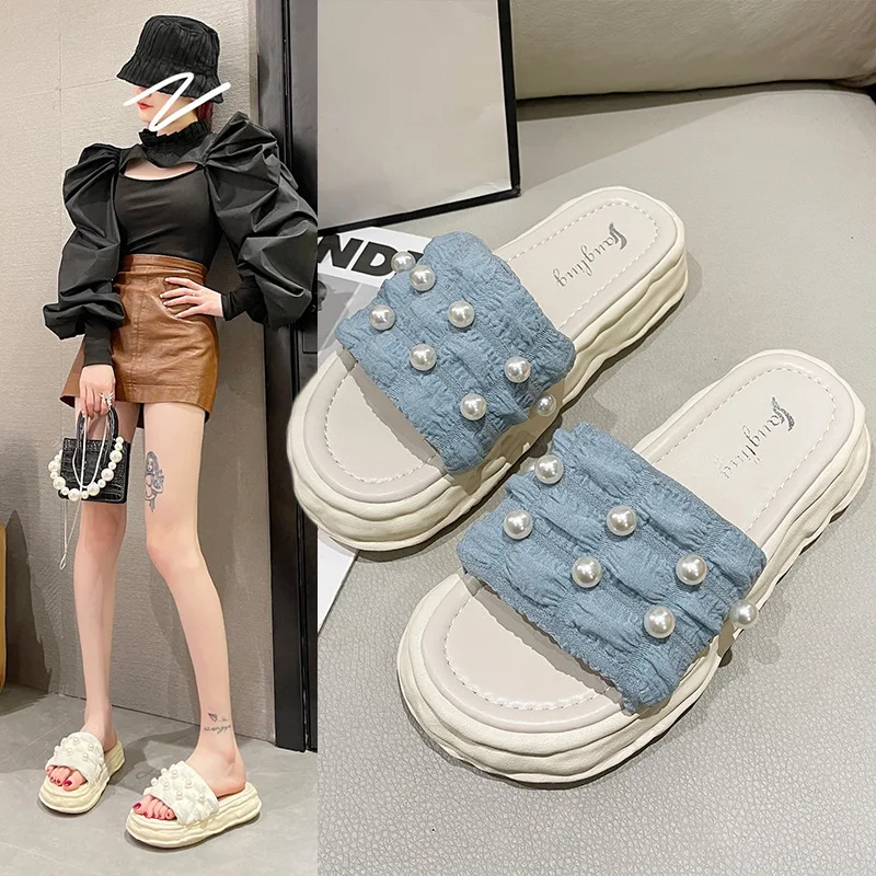 Туфли женские с жемчугом, летняя модная обувь, Универсальные однотонные сандалии на толстой подошве, 2023