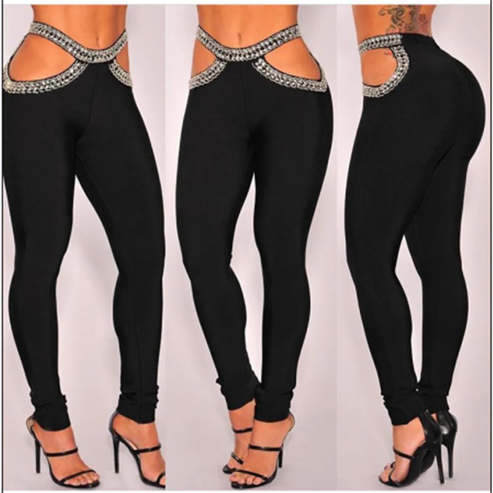 Black Color Rayon Bandage Pants High Waist Hollow Out Long Pencil Pants Beading New Fashion Woman Pants Hot Sale 
Black Color Rayon Bandage Pants High Waist Hollow Out Long Pencil Pants Beading New Fashion Woman Pants Hot Sale