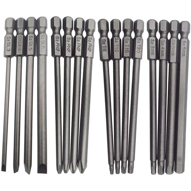 16Pcs Long Magnetic Screwdriver Bits Set Slotted+Cross+Hex+Torx Drill Bit Set 1/4 Inch Hex Shank 100mm Length
16Pcs Long Magnetic Screwdriver Bits Set Slotted+Cross+Hex+Torx Drill Bit Set 1/4 Inch Hex Shank 100mm Length