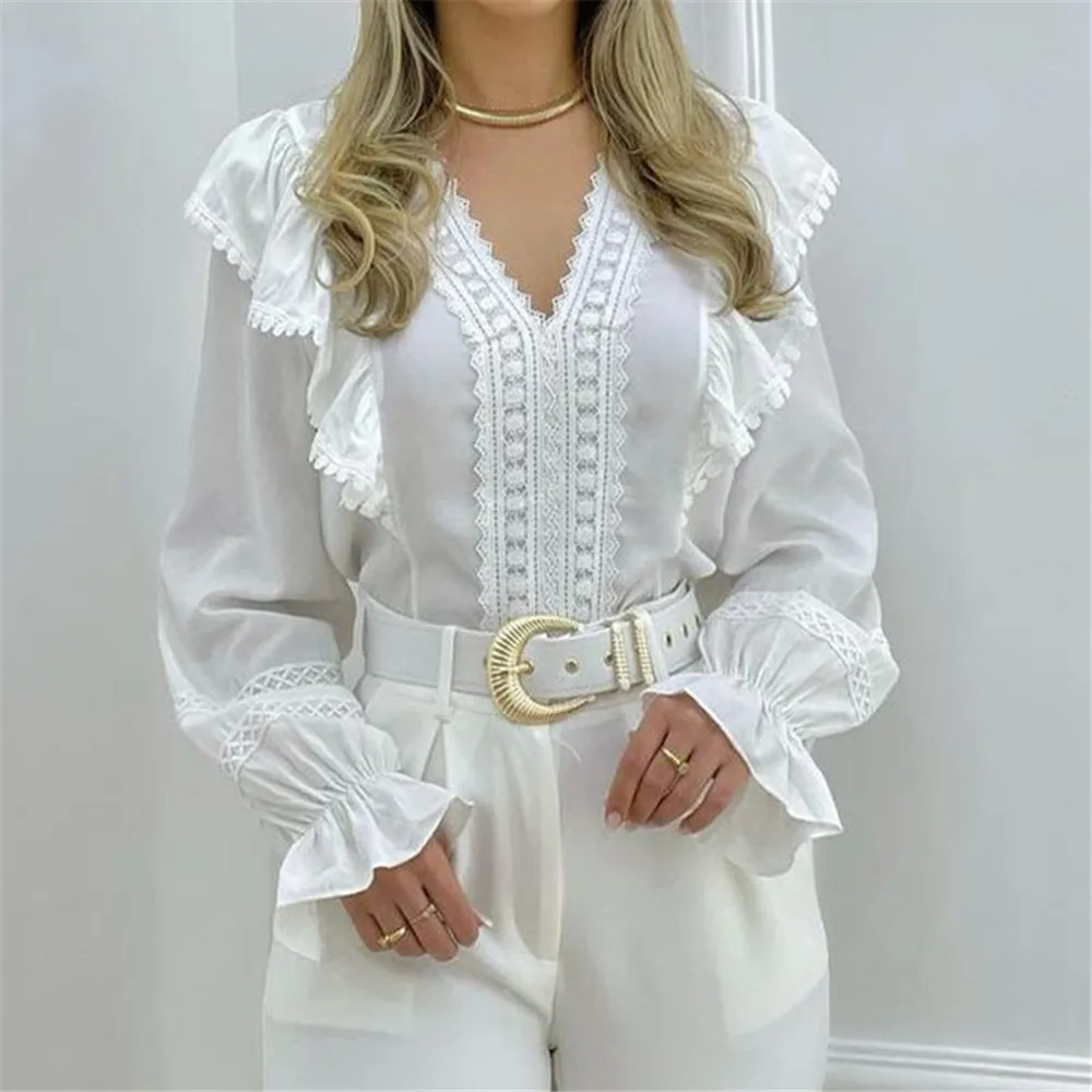Women's Blouse Elegant Ruffles Shirts White V-Neck Long Sleeve Lace Woman Tops Spring 2022 Female Clothing Shirt Blouses Summer
Women's Blouse Elegant Ruffles Shirts White V-Neck Long Sleeve Lace Woman Tops Spring 2022 Female Clothing Shirt Blouses Summer