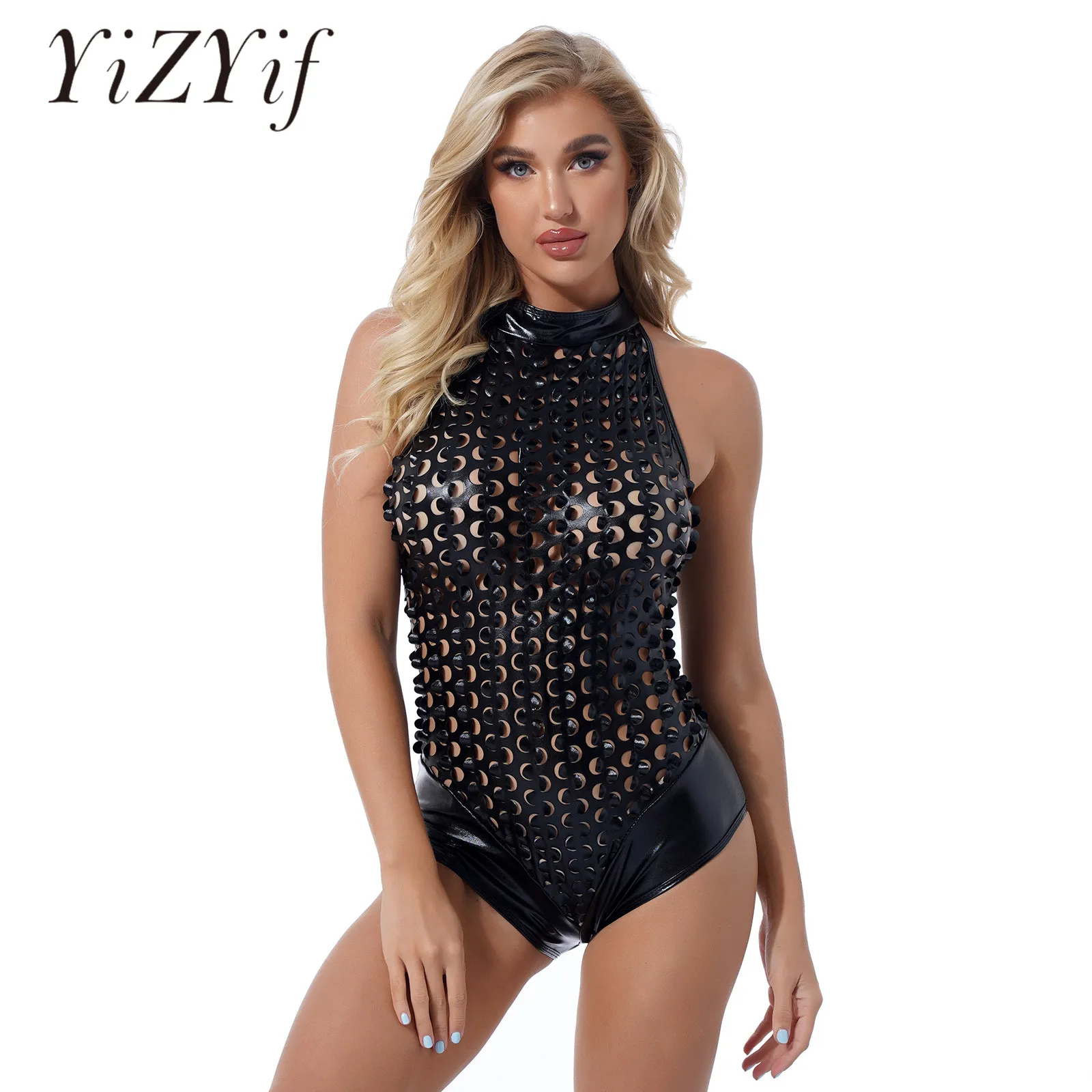 

Womens Shiny Hollow Out Patent Leather Bodysuit Pole Dance Rave Outfit Clubwear Zipper Back Sleeveless Catsuit Mock Neck Leotard