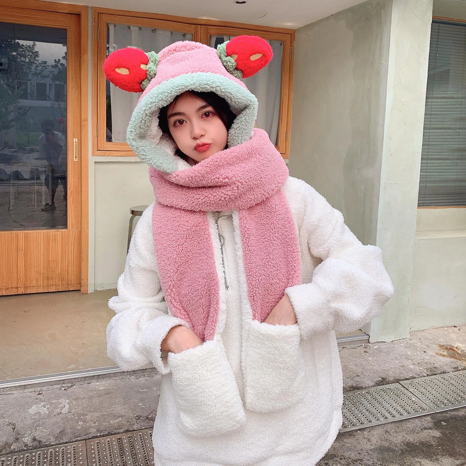 Solid Color Women Winter Slouchy Knit Warm Cute Strawberry Wool Cap Scarf Hats Gloves Three In One Winter Warm Hood Scarf Hat 4
Solid Color Women Winter Slouchy Knit Warm Cute Strawberry Wool Cap Scarf Hats Gloves Three In One Winter Warm Hood Scarf Hat 4