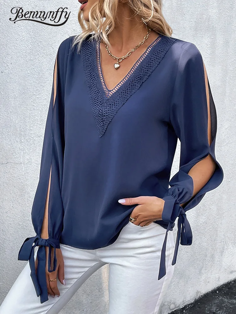Benuynffy Contrast Lace V-neck Loose Tops Blouse Women 2023 Autumn Fashion Slit Long Sleeve Knot Female Casual Solid Blouses
Benuynffy Contrast Lace V-neck Loose Tops Blouse Women 2023 Autumn Fashion Slit Long Sleeve Knot Female Casual Solid Blouses