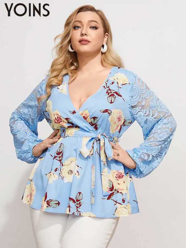 

YOINS Fashion Sexy V Neck Shirts Women Bohemian Floral Print Tunic Tops Autumn Long Sleeve Lace Patchwork Plus Size Belted Blusa