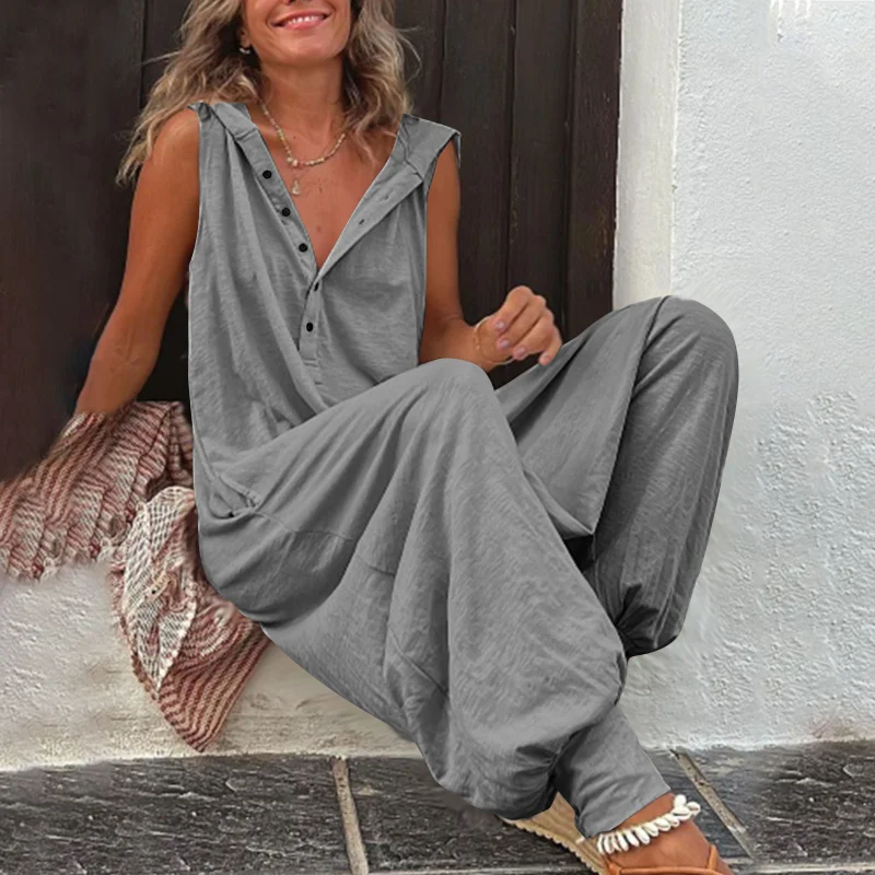 Women Button Sleeveless Rompers Summer Causal Beach Cross-pants Fashion Loose Solid Wide Leg Playsuit New Retro Hooded Jumpsuit
Women Button Sleeveless Rompers Summer Causal Beach Cross-pants Fashion Loose Solid Wide Leg Playsuit New Retro Hooded Jumpsuit