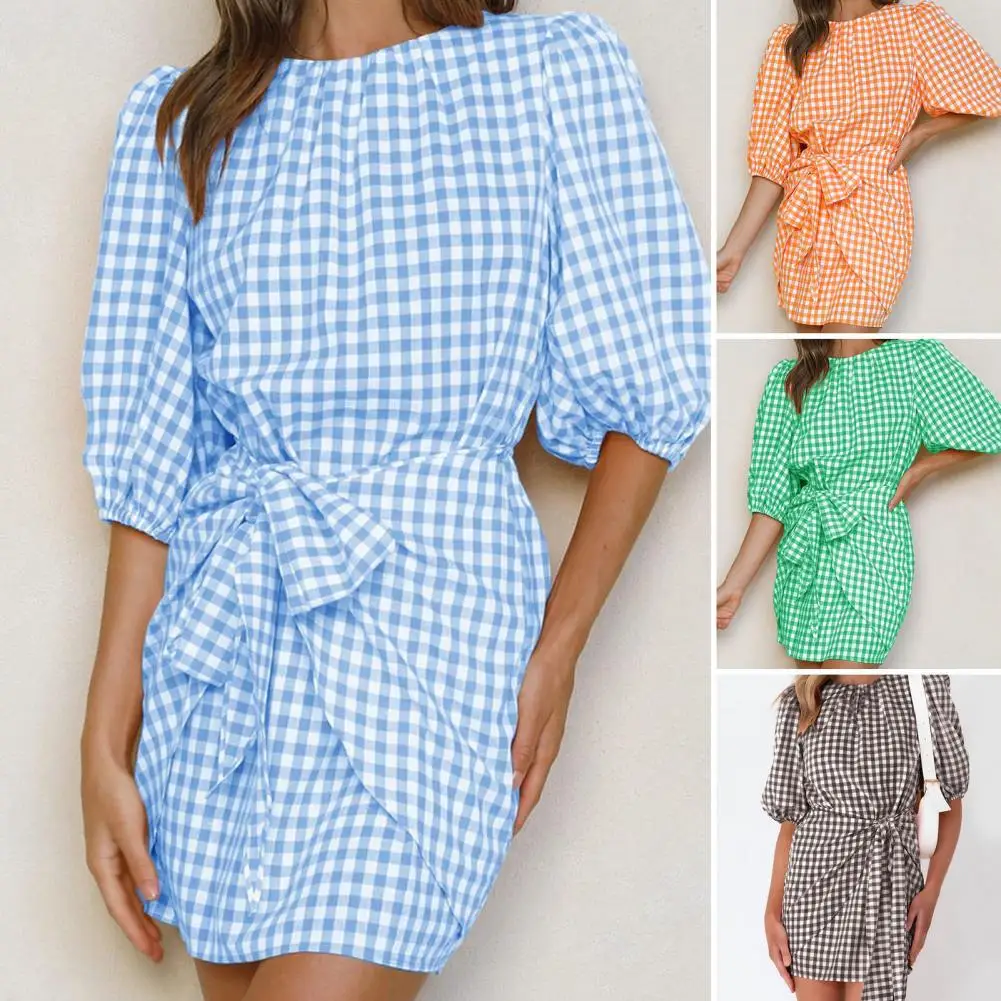 Fashion Mini Dress O-neck Breathable Party Dress Women Casual Summer Plaid Dress
Fashion Mini Dress O-neck Breathable Party Dress Women Casual Summer Plaid Dress