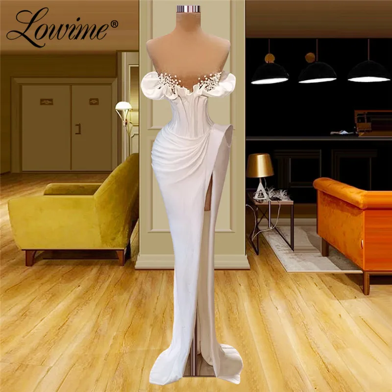 

Robes Arabic White Party Dress Pearls Beading Women Evening Gowns 2022 High Split Side Long Prom Dresses Vestidos De Fiesta