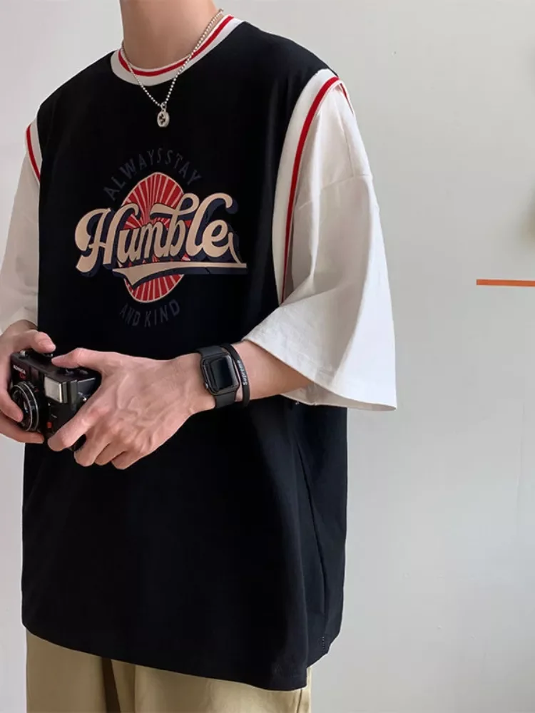Fake Two-piece Short-sleeved T-shirt Men's Trend Brand Trend Loose Hip Hop Basketball Shirts Harajuku Kpop Streetwear 
Fake Two-piece Short-sleeved T-shirt Men's Trend Brand Trend Loose Hip Hop Basketball Shirts Harajuku Kpop Streetwear