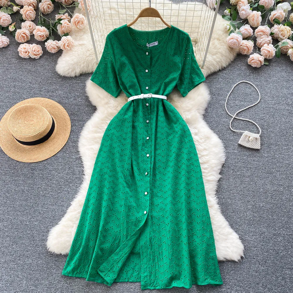 French Chic Women O-Neck Single Breasted Empire Summer Dress Short Sleeve Soild Female Hollow Out Casual Belted Romantic Dresses
French Chic Women O-Neck Single Breasted Empire Summer Dress Short Sleeve Soild Female Hollow Out Casual Belted Romantic Dresses