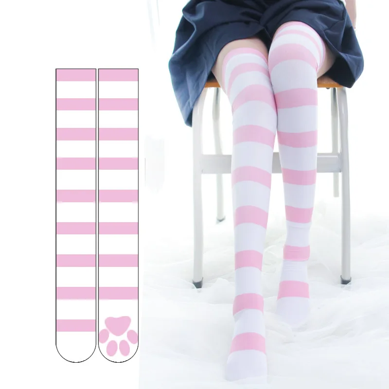 

Lolita Over Knee Socks Pink Strip Kawaii Cat Paw Print Stockings Lolita Gothic Velvet Over The Knee Thigh High JK Long Stockings