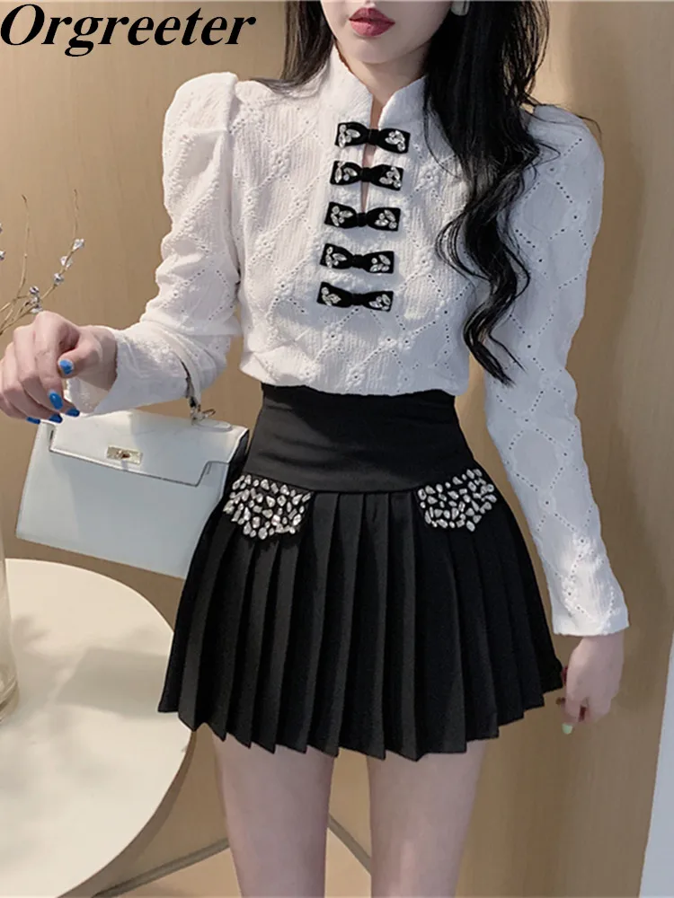 Luxury Rhinestone Deco Shirt&Skirt Suits 2 Piece Sets Sweet Bowknot Puff Sleeve Blouse +Pleated Skirt Two Piece Set Women
Luxury Rhinestone Deco Shirt&Skirt Suits 2 Piece Sets Sweet Bowknot Puff Sleeve Blouse +Pleated Skirt Two Piece Set Women