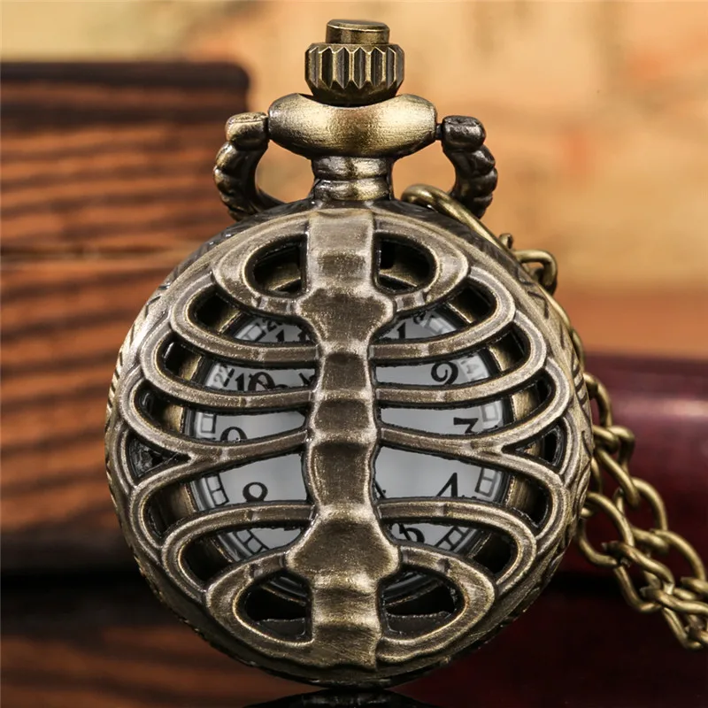 

Steampunk Half Hunter Skull Bone Case Men Women Analog Quartz Pocket Watch Arabic Number Display with Necklace Chain Timepiece