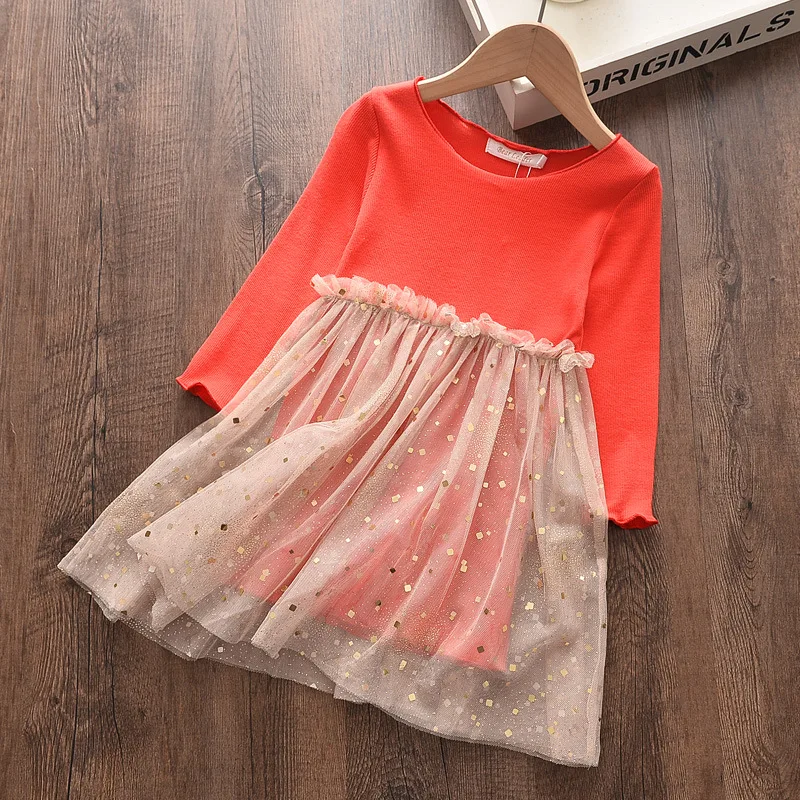 

Girls Dress Denim Stitching Dress Spring Full Sleeve Lace Princess Party Dress Kids Birthday Present 2-7 Years Children Clothing