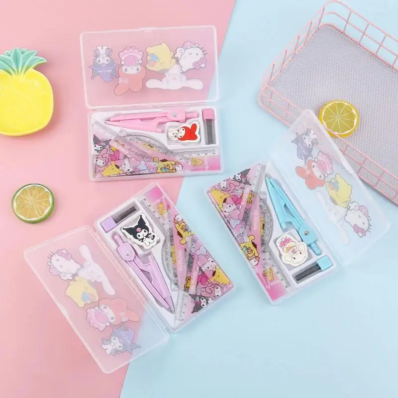 

Kawaii Sanrio компас линейки треугольник транспортир ластик канцелярские принадлежности Набор Hello Kitty Pompompurin креативные детские подарки