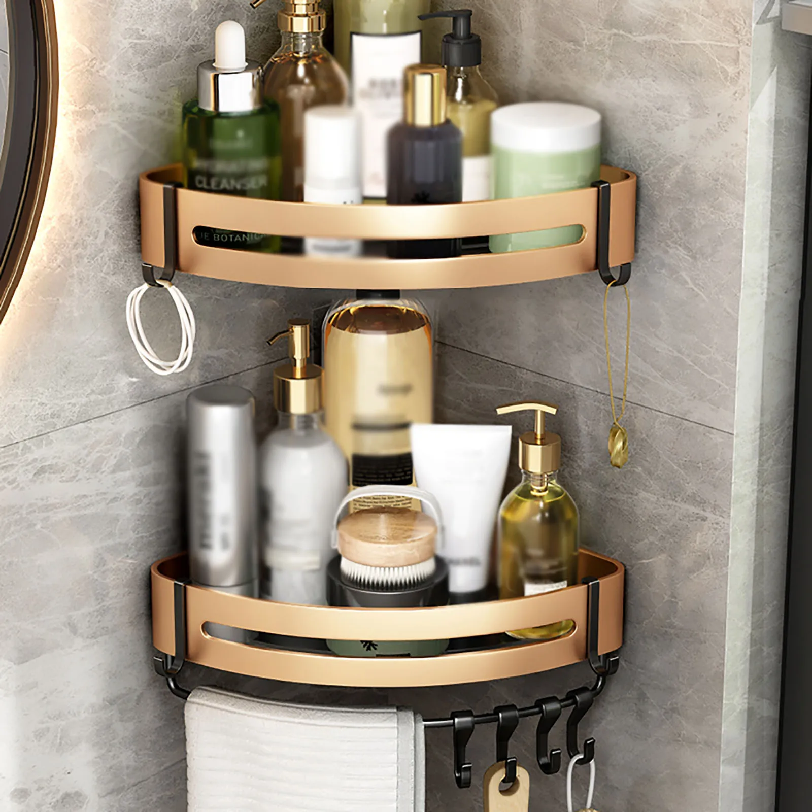 Punch-free Double-layer Triangle Rack Bathroom Kitchen Space Aluminum Wall Corner Triangle Basket with Hook Rod Bathroom Shelf
Punch-free Double-layer Triangle Rack Bathroom Kitchen Space Aluminum Wall Corner Triangle Basket with Hook Rod Bathroom Shelf