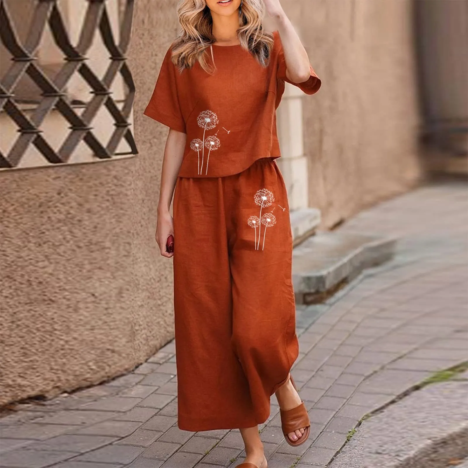 Summer Wide Leg Tracksuits Female Women Casual Two Piece Set Bohemian Dandelion Printed Sleeveless Shirt Matching Pants Sets 
Summer Wide Leg Tracksuits Female Women Casual Two Piece Set Bohemian Dandelion Printed Sleeveless Shirt Matching Pants Sets