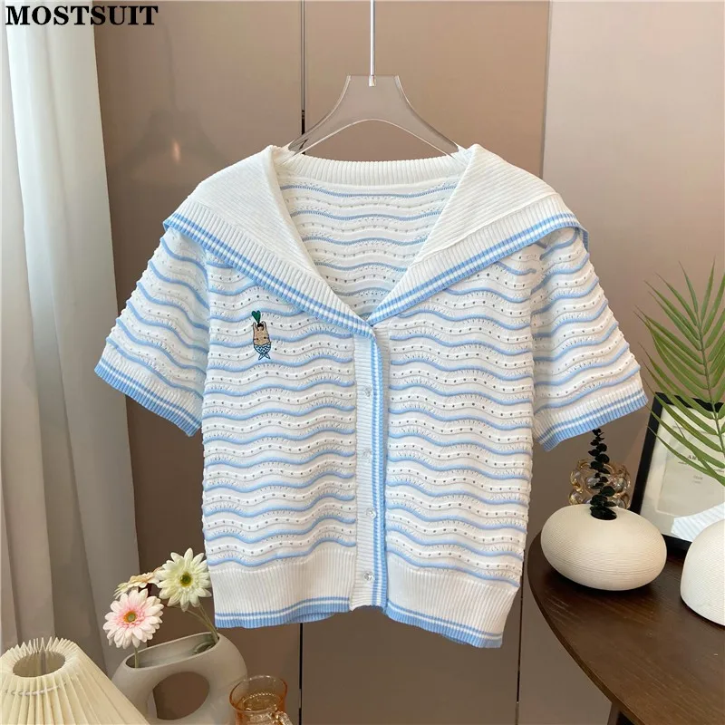 Женский трикотажный кардиган в полоску, ажурный тонкий кардиган с матросским воротником, лето 2022
Женский трикотажный кардиган в полоску, ажурный тонкий кардиган с матросским воротником, лето 2022