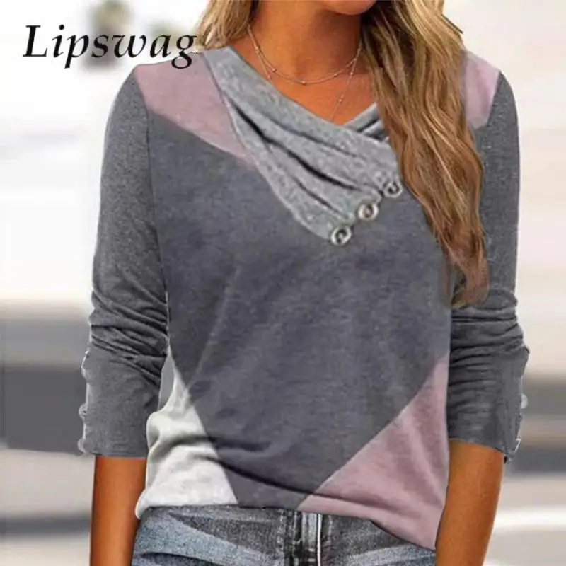 Топ женский с длинным рукавом, винтажная блузка в стиле пэчворк, повседневный Свободный пуловер с перекрестными пуговицами и V-образным вырезом, осень 
Топ женский с длинным рукавом, винтажная блузка в стиле пэчворк, повседневный Свободный пуловер с перекрестными пуговицами и V-образным вырезом, осень