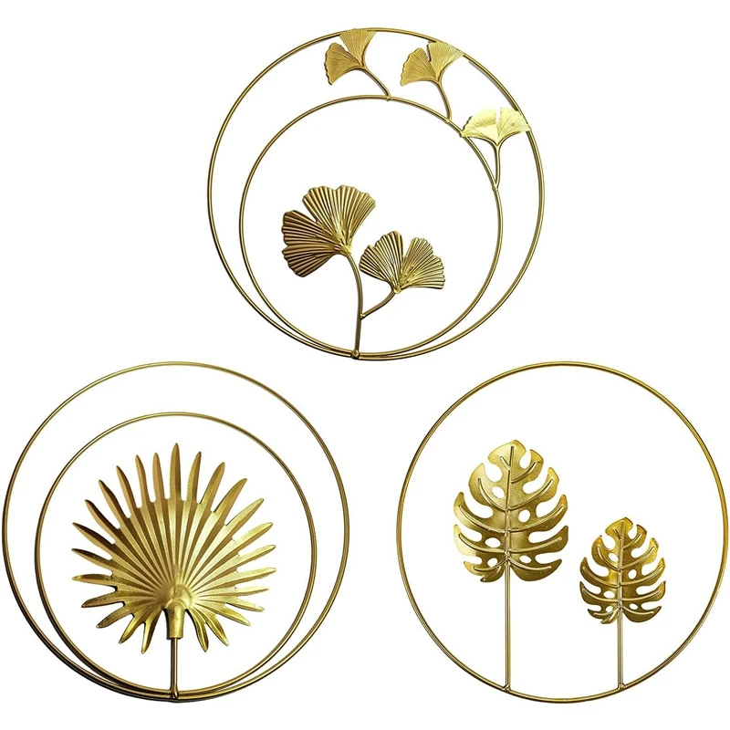 

HOT Iron Wall Decor,Gold Ginkgo,Maple,Monstera Leaf Wall Decor Round Wall Ornaments,For Bedroom Hanging Hotel Wall Decor