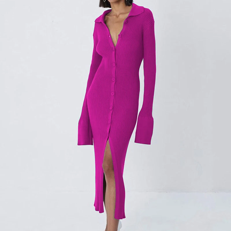 Women Autumn Winter Basic Knitted Dress Fashion Button-up Split Maxi Dresses Female Chic Turn-down Collar Solid Color Sweater
Women Autumn Winter Basic Knitted Dress Fashion Button-up Split Maxi Dresses Female Chic Turn-down Collar Solid Color Sweater
