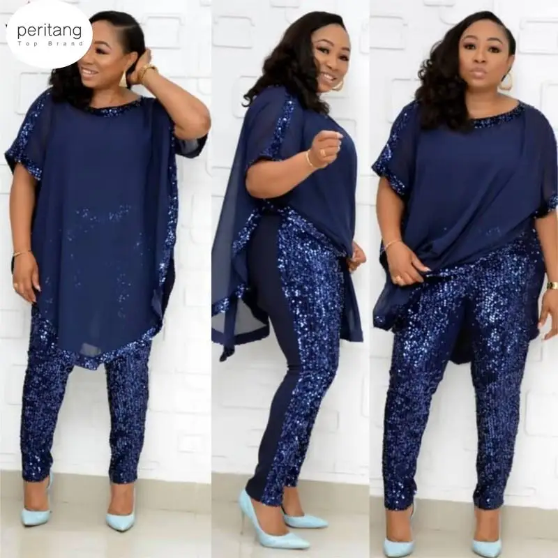 

African Women Set Navy Blue Round Neck Batwing Sleeve Office Lady Loose Casual Dashiki Sequined 3 Piece Set