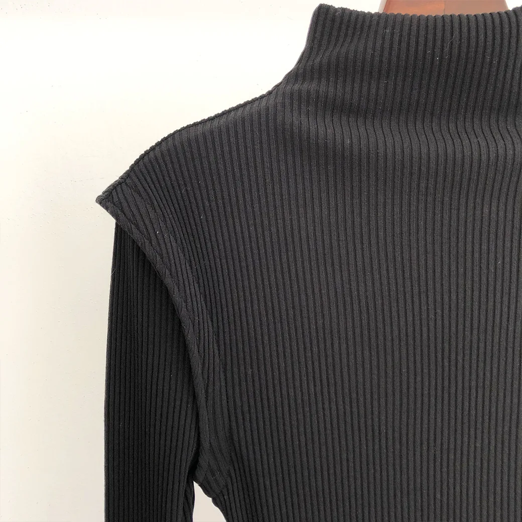 

Women Sweater Solid Mock Neck Slim Long Sleeve Splicing Rib Knitwear Pullover Jumper High Street