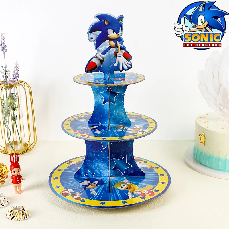 

Sonic the hedgehog 3 Tier Cartoon Cupcake Stand Party Supplies Dessert Cupcake Stand Holder Theme Birthday Party Favor Decors