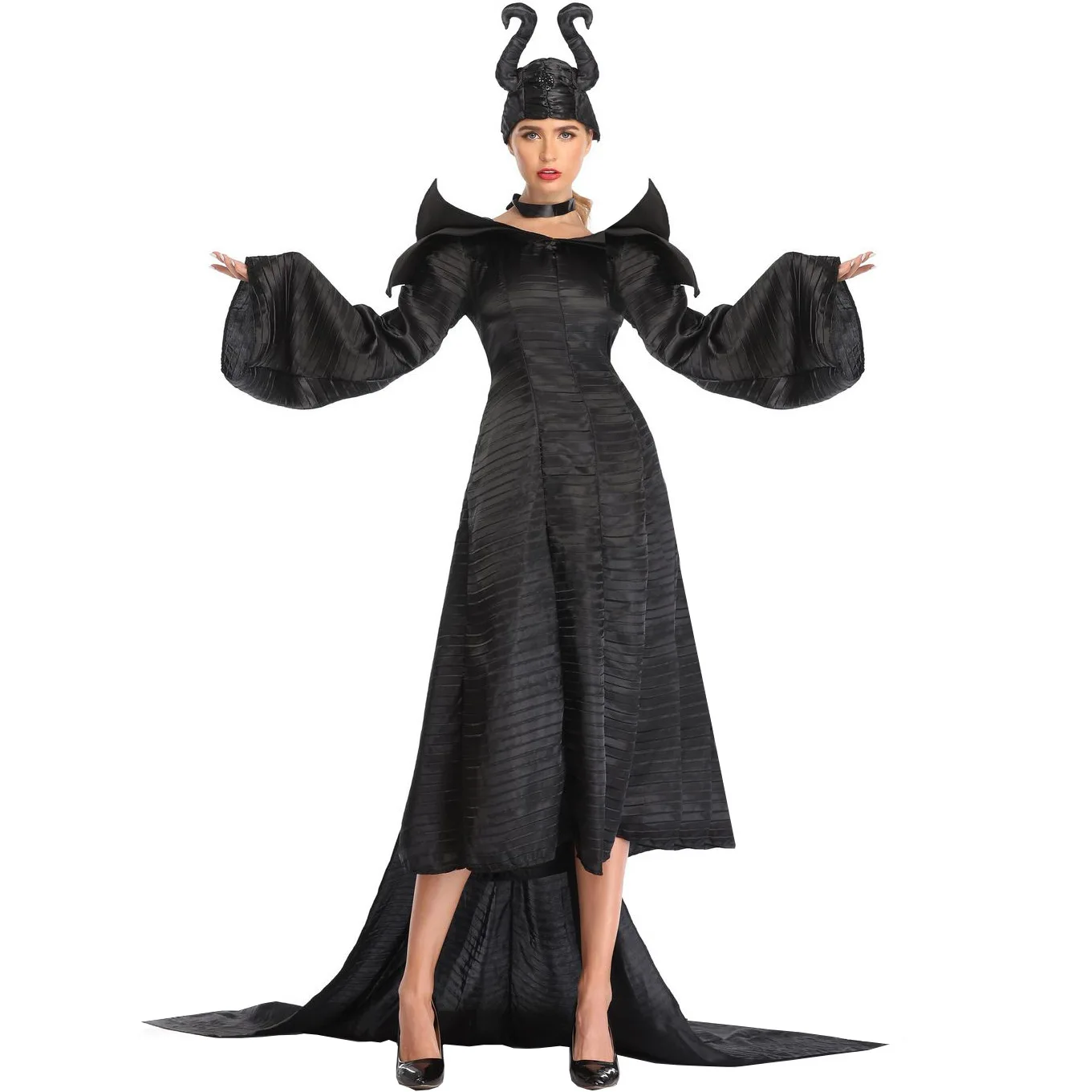 Halloween Cosplay Witch Set Maleficent 2 Solid Black Elf Dress Hat Long Skirt Stripe Decoration Wide Sleeves Queen Costume
Halloween Cosplay Witch Set Maleficent 2 Solid Black Elf Dress Hat Long Skirt Stripe Decoration Wide Sleeves Queen Costume
