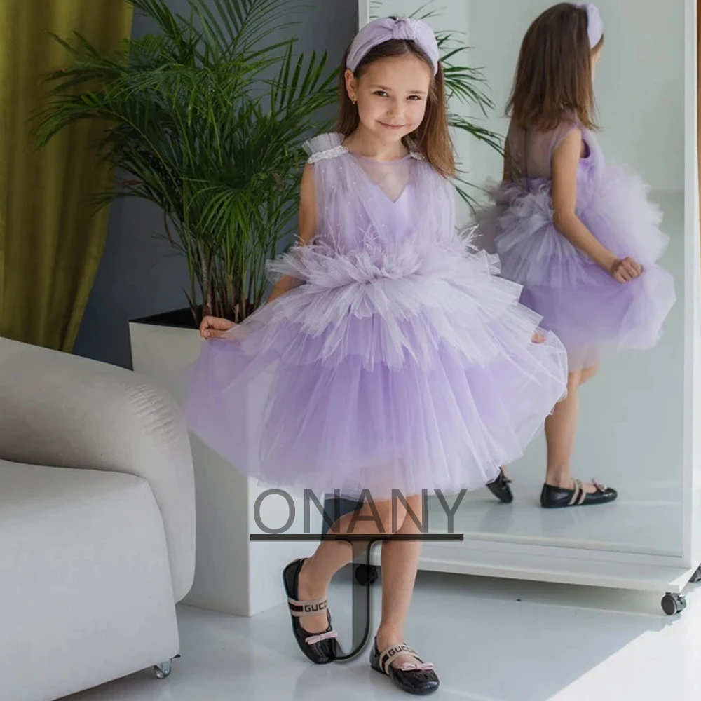 

JONANY Trendy Frilled Dress Flower Girl Dress Feathers Tulle Beadings Sleeveless Ball Gown Robe Enfant Mariage Personalised