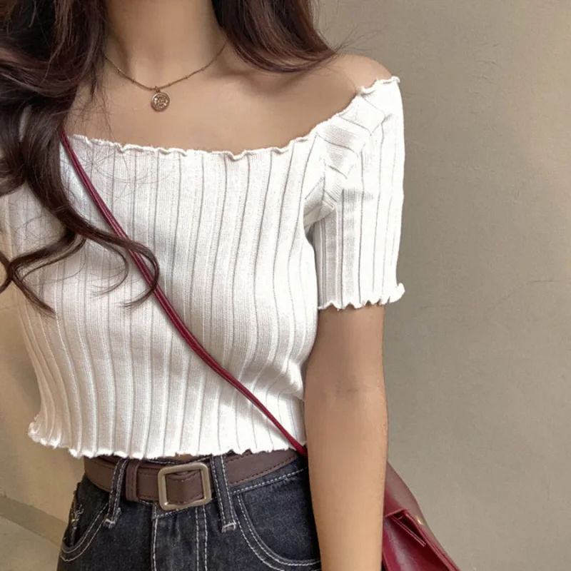 Summer Short Sleeve Stretchy Ruffles Hem T-shirts Stripes Tops for Women Female T-shirts Off Shoulder Knitting Crop Tops Slim
Summer Short Sleeve Stretchy Ruffles Hem T-shirts Stripes Tops for Women Female T-shirts Off Shoulder Knitting Crop Tops Slim