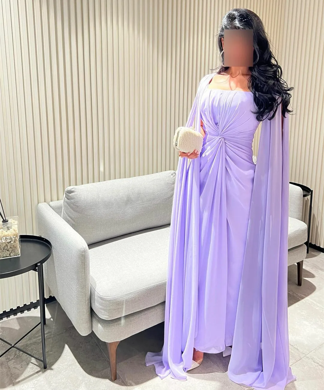 

Fairytale Classy Long Lilac Evening Dresses With Cape Sheath Chiffon Ankle Length Prom Dress Robe de soirée for Women