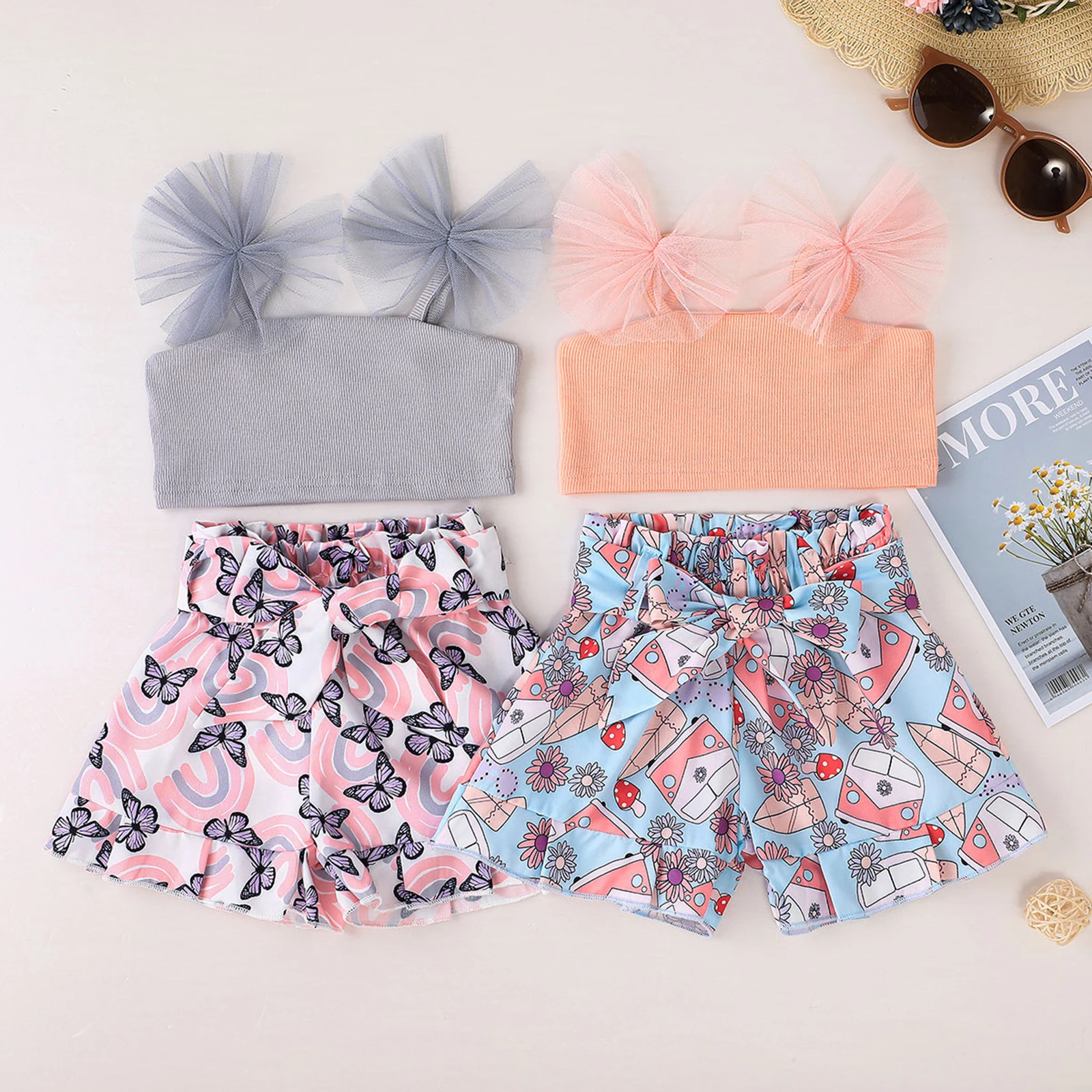Toddler Girls Sleeveeless Outfits Solid Color Tie-Up Strap Crop Tops + Flower/Butterfly Print Short Pants
Toddler Girls Sleeveeless Outfits Solid Color Tie-Up Strap Crop Tops + Flower/Butterfly Print Short Pants