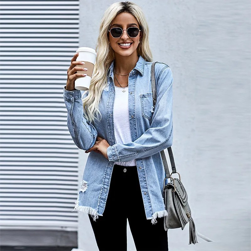 Fashion Loose Turn-down Collar Denim Jacket Coat 2023 Women Casual Denim Jacket Long Sleeve Frayed Solid washed Tops Outerwear
Fashion Loose Turn-down Collar Denim Jacket Coat 2023 Women Casual Denim Jacket Long Sleeve Frayed Solid washed Tops Outerwear