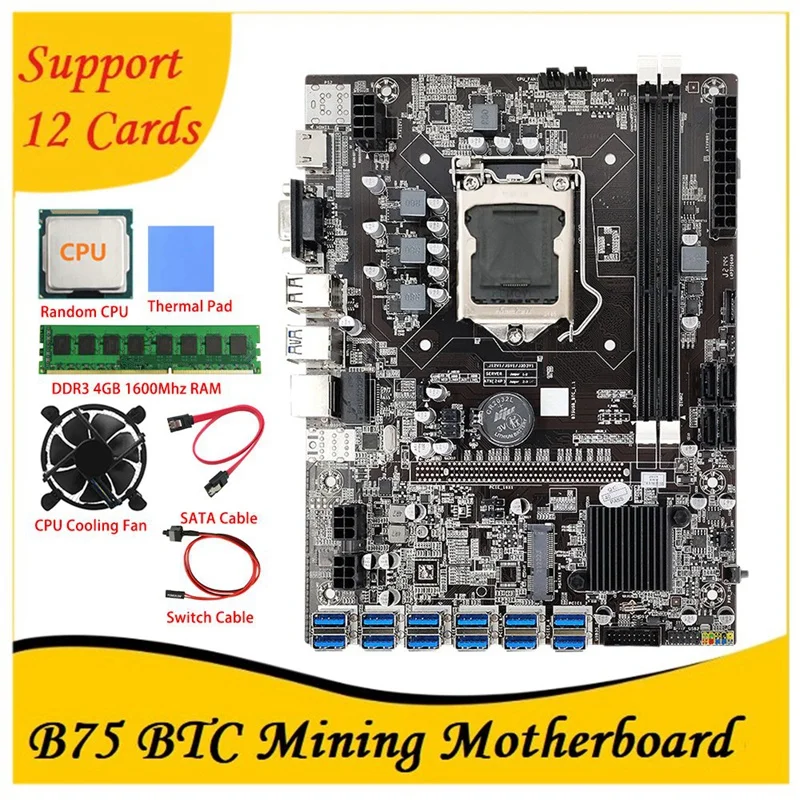 B75 ETH Mining Motherboard 12 PCIE To USB With SATA Cable+Cooling Fan+DDR3 4GB 1600Mhz RAM LGA1155 B75 BTC Miner Mining
B75 ETH Mining Motherboard 12 PCIE To USB With SATA Cable+Cooling Fan+DDR3 4GB 1600Mhz RAM LGA1155 B75 BTC Miner Mining