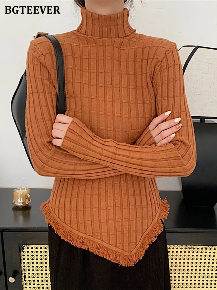 

BGTEEVER шикарные нестандартные пуловеры с кисточками свитера женские элегантные тонкие водолазки с длинным рукавом Женские обтягивающие вязаные топы