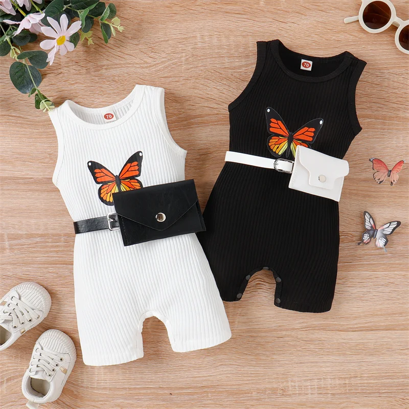 Infant Baby Boys Girls Romper Butterfly Print Crew Neck Sleeveless Ribbed Summer Jumpsuits Bodysuits with Waist Bag Overalls 
Infant Baby Boys Girls Romper Butterfly Print Crew Neck Sleeveless Ribbed Summer Jumpsuits Bodysuits with Waist Bag Overalls