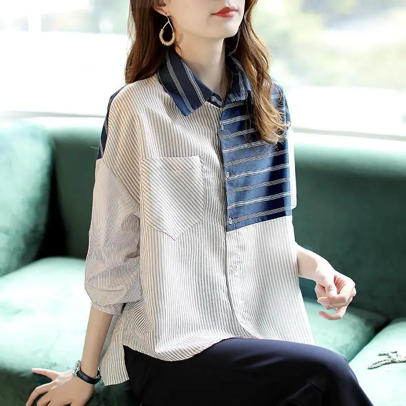 Spring Striped Irregular Chiffon Shirts Women Fashion New Buttons Turn Down Collar Long Sleeve Blouse Elegant Office Lady Tops
Spring Striped Irregular Chiffon Shirts Women Fashion New Buttons Turn Down Collar Long Sleeve Blouse Elegant Office Lady Tops