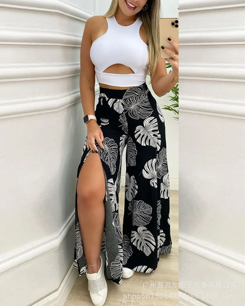 Women Two Piece Sets Solid Pants Set Hollow Out Top Vest Sleeveless Tropical Print Split Wide Leg Trousers Ladies Summer Suit
Women Two Piece Sets Solid Pants Set Hollow Out Top Vest Sleeveless Tropical Print Split Wide Leg Trousers Ladies Summer Suit