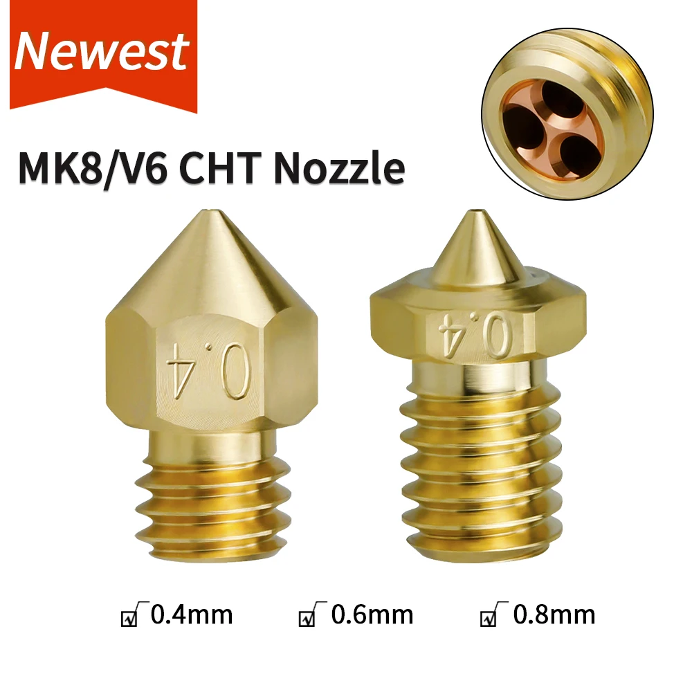 

MK8 CHT Nozzle E3D V6 MK8 Brass Nozzle M6 High Flow E3D V6 Clone CHT Nozzles 3D Printer Part For 1.75/3mm Filament Extruder