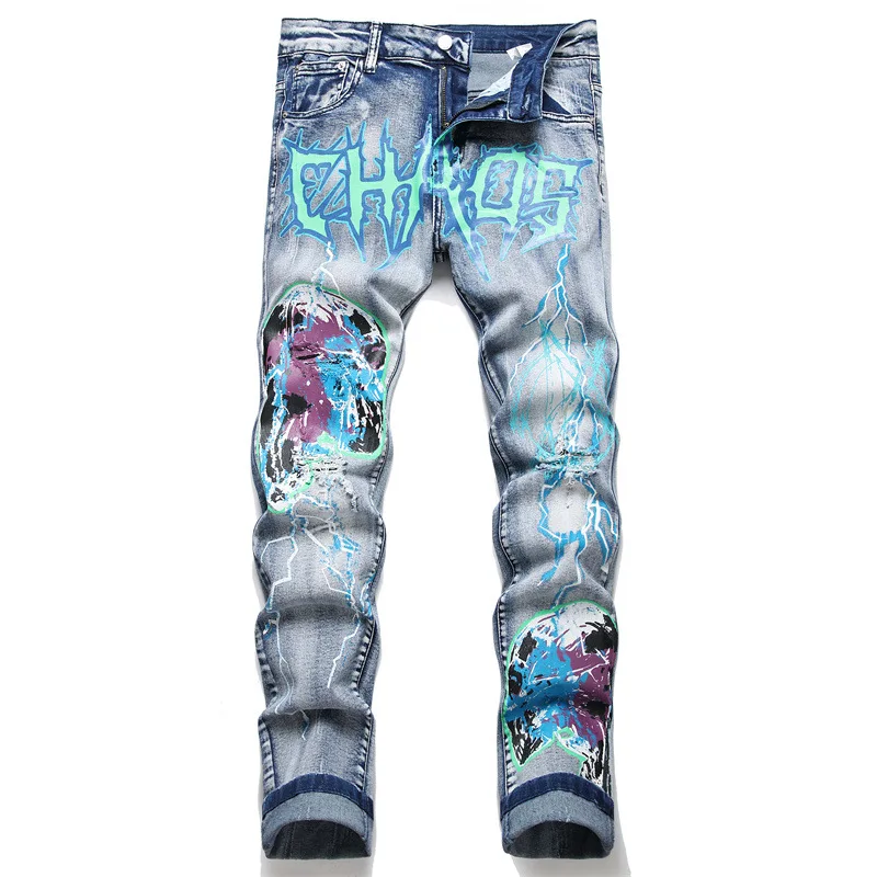 

Брюки-Карандаш мужские всесезонные, повседневные облегающие модные Стрейчевые длинные рваные джинсы с ретро принтом, в стиле панк