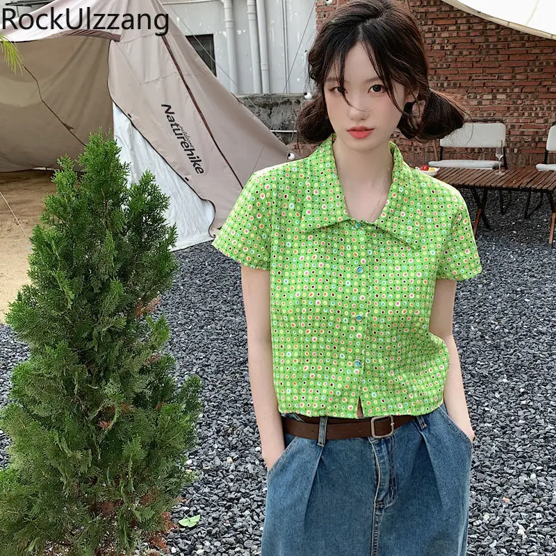 Short Green Polka Dot Button Up Shirt Women Cute Crop Top Korean Clothing Fashion Aesthetic High Street y2k Tee Blouse Cropped
Short Green Polka Dot Button Up Shirt Women Cute Crop Top Korean Clothing Fashion Aesthetic High Street y2k Tee Blouse Cropped